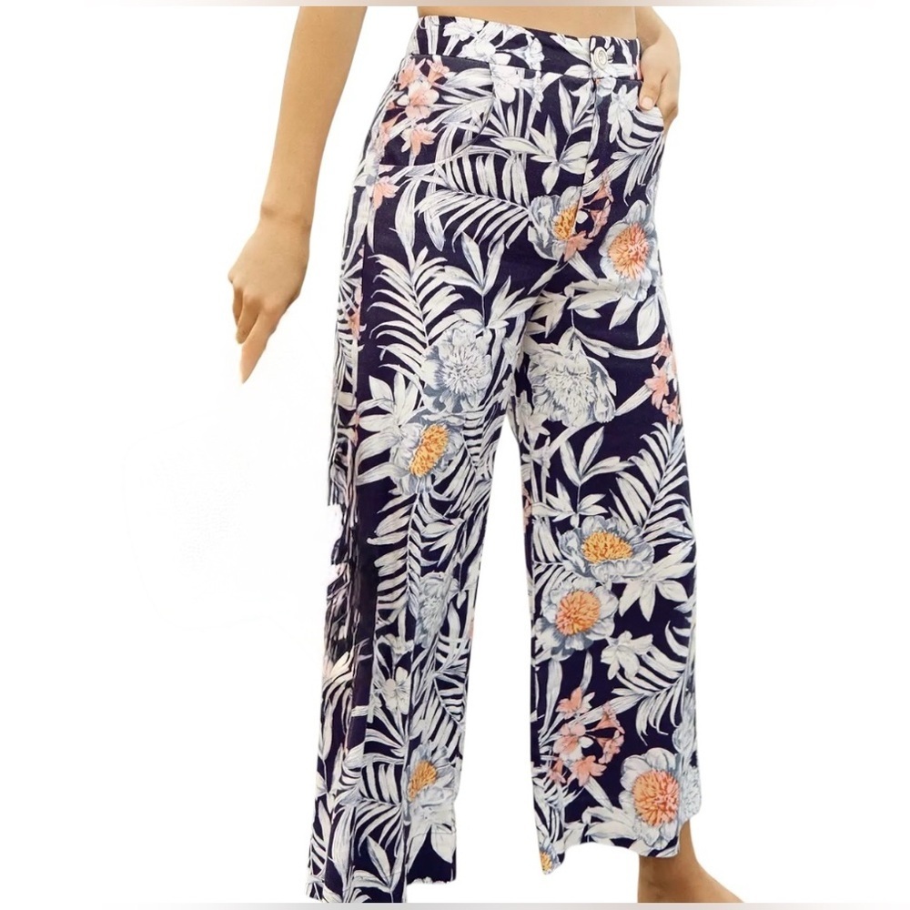 Maeve Navy Floral Tropical Wide-Leg Pants 0